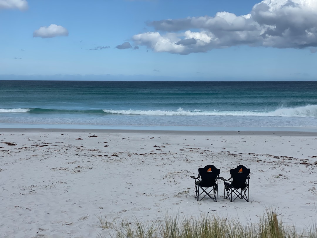 A scenic outdoor image featuring both the Snow Peak Low Beach Chair and Captain Stag ULTIMATE Portab