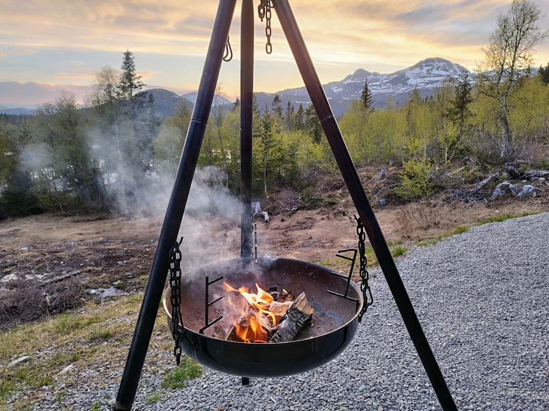 An image of the Captain Stag Portable Fire Pit in action, with flames and a cozy gathering of camper