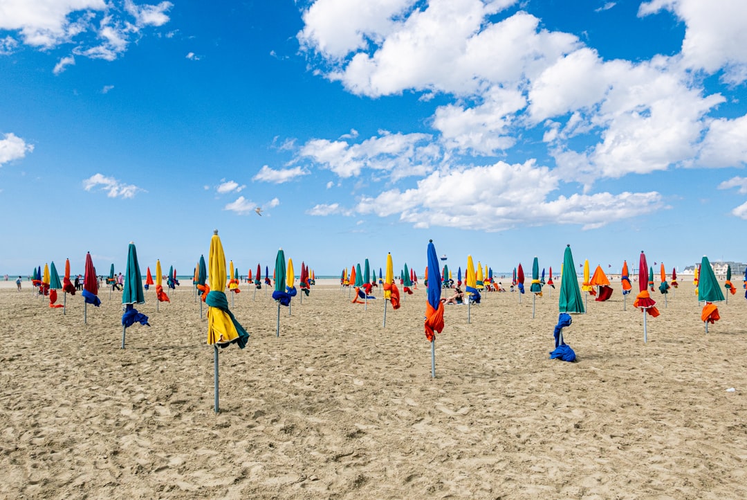 A vibrant image showing a beach scene with a bottle of Shiseido sunscreen prominently displayed in t