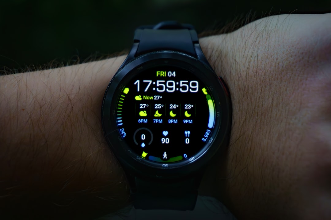 Close-up shot of the Sony SmartWatch 3 displaying its GPS feature on the screen while outdoors.