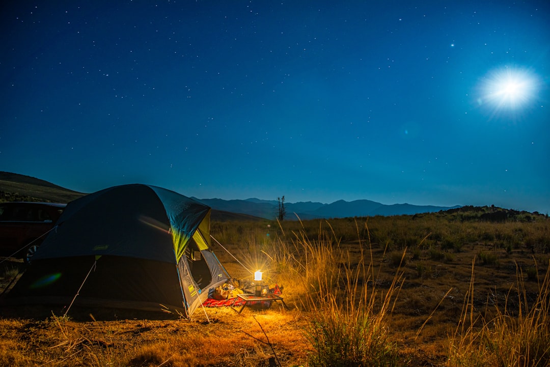 A vibrant image of a campsite at dusk illuminated by different types of lanterns, showcasing the Sot