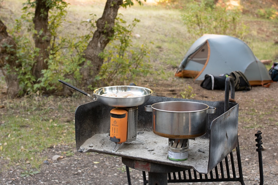 A vibrant hero image showing a scenic outdoor campsite with a small campfire or portable stove in us