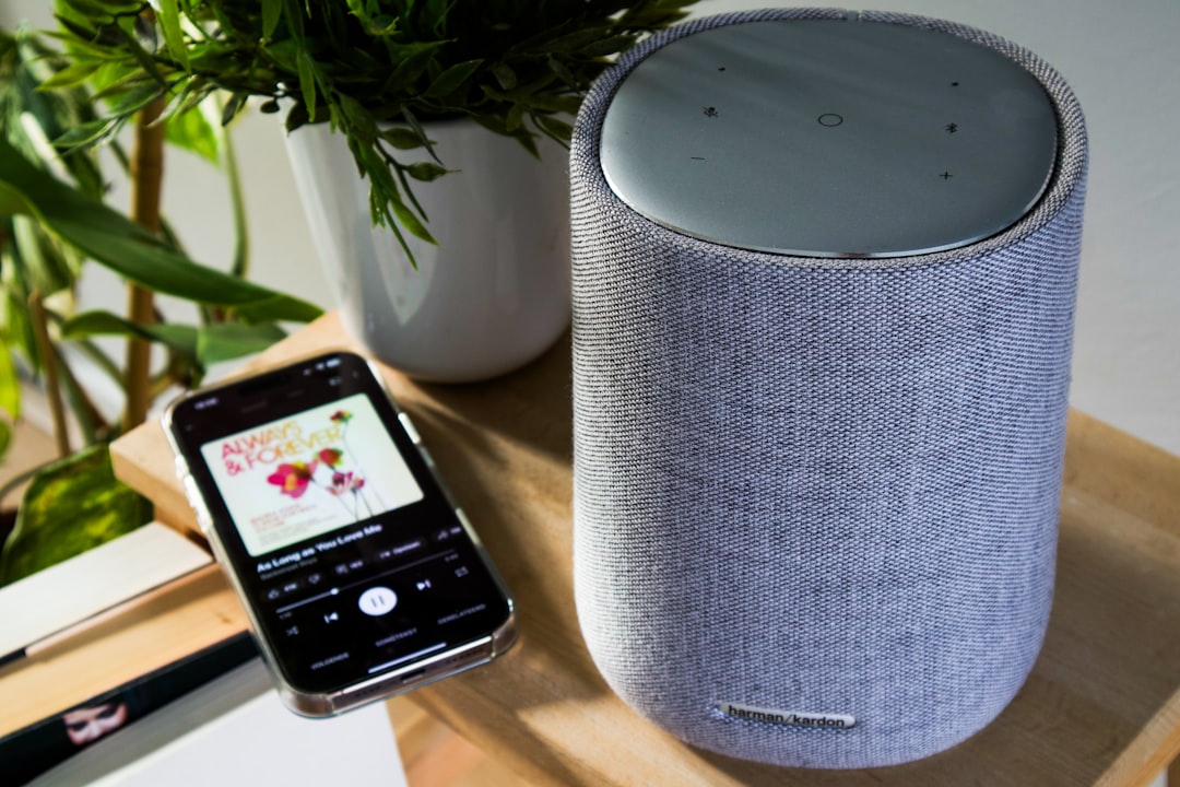 Photograph of a wireless Denon speaker placed in a bright, multi-room home environment showing conve