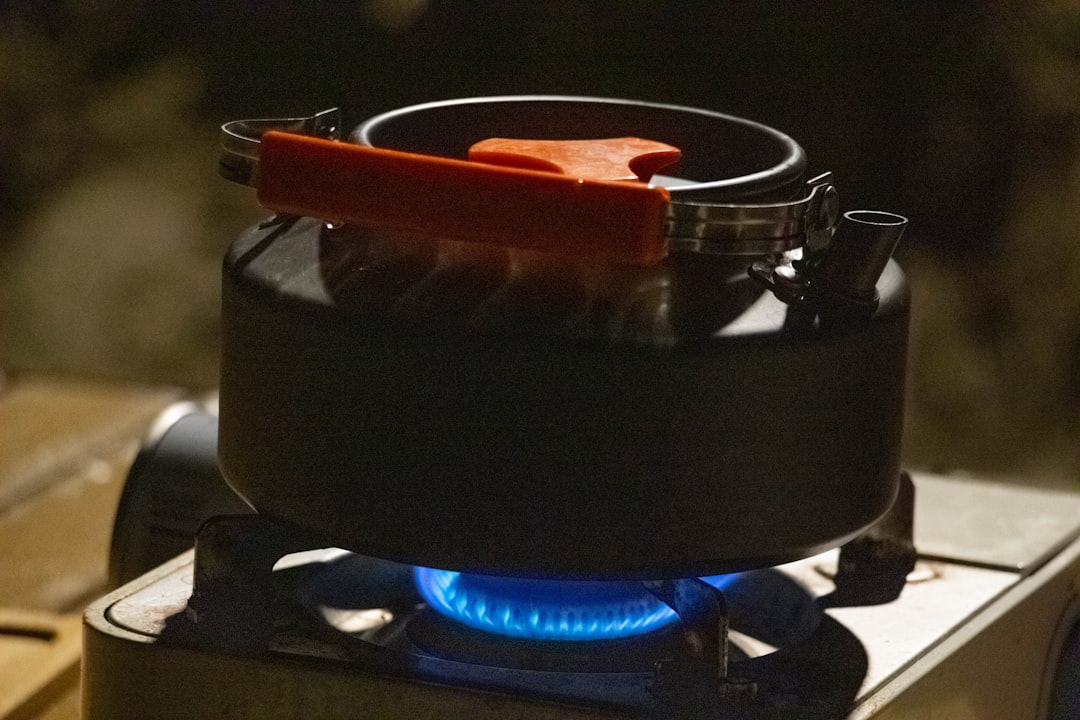 Photo of the Iwatani Cassette Feu Portable Gas Stove in action on a camping table with a pot cooking