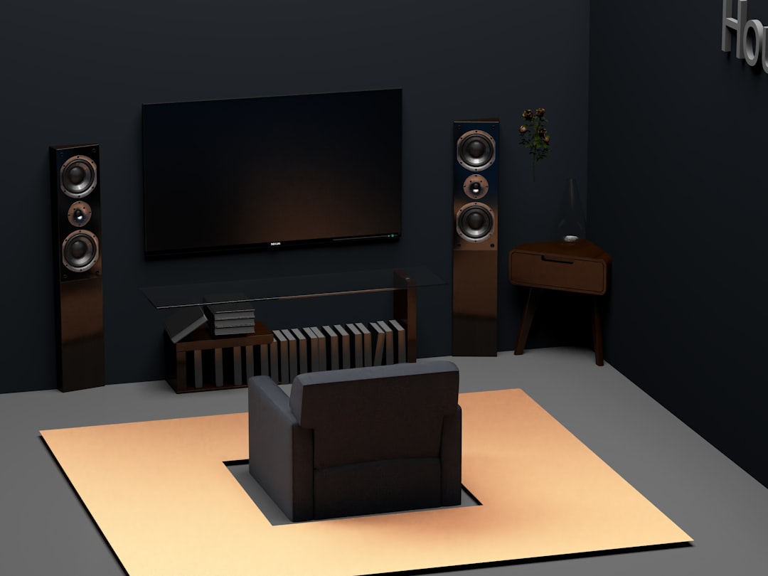 A sleek, modern living room home theater setup featuring a prominently displayed Marantz AV receiver